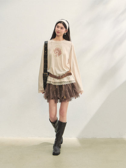 Lace Panel Animal Print Long-Sleeve Tee - CHINASQUAD