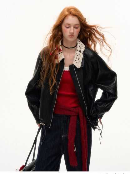 Detachable Collar Zip-Up Leather Jacket