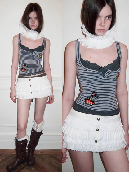 Layered Lace Patch Slim Knit Tank