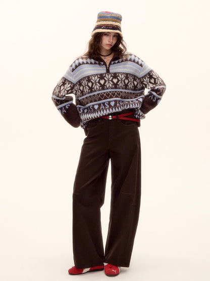 Red Belt Decor Curved-Hem Denim Wide-Leg Jeans