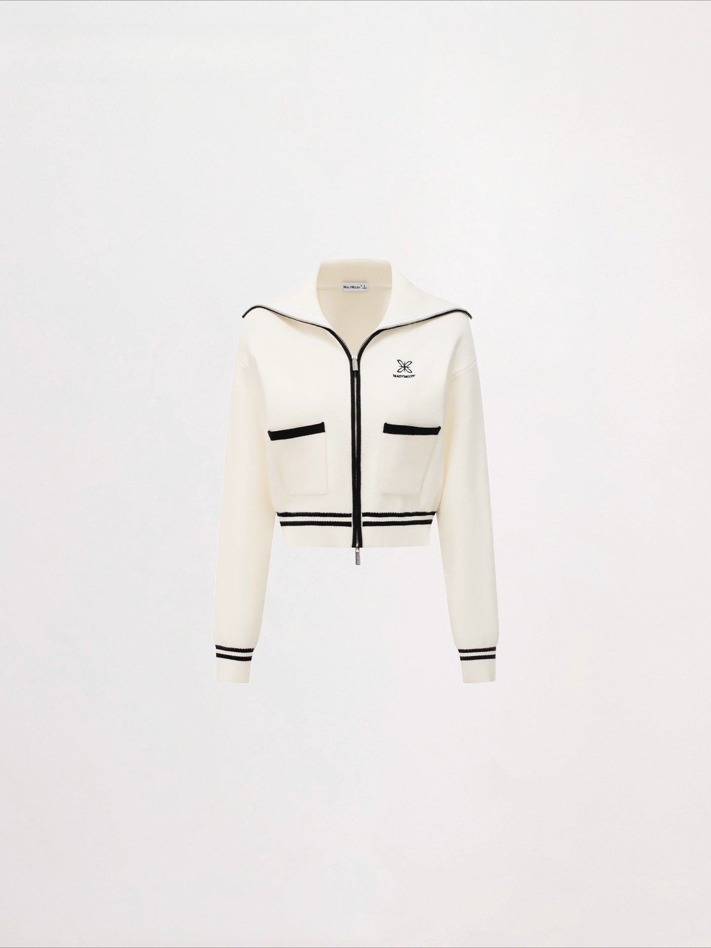 Contrast Trim Zip-Up Sailor Collar Knit Cardigan