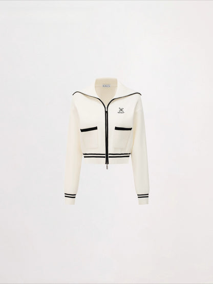 Contrast Trim Zip-Up Sailor Collar Knit Cardigan