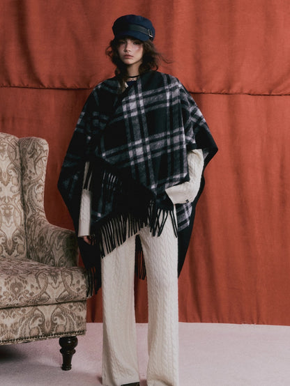 Vintage Plaid Tassel Cape Scarf