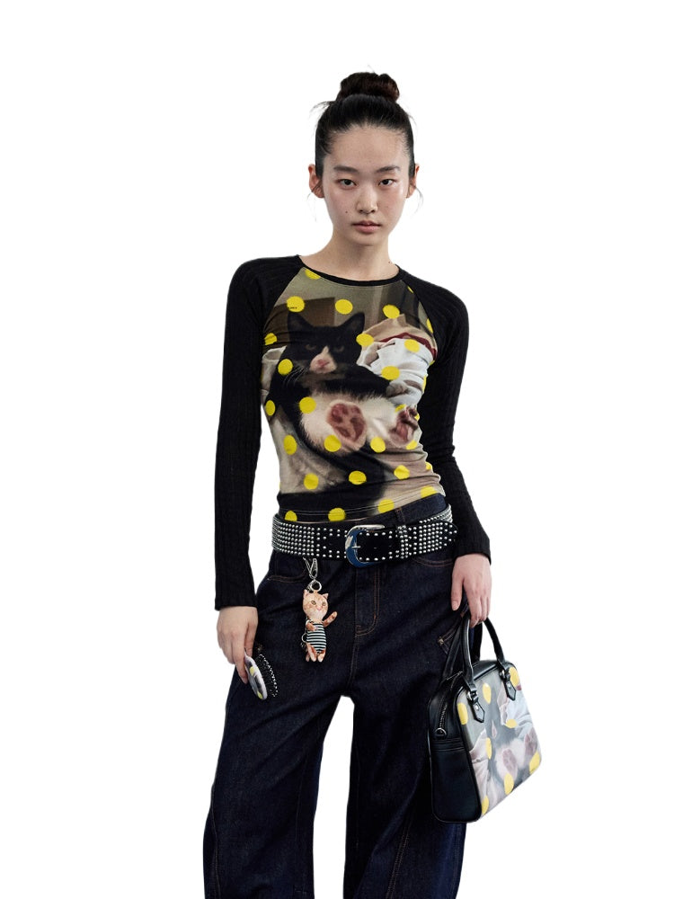 Cat Print Raglan Sleeve Color-Blocking T-Shirt