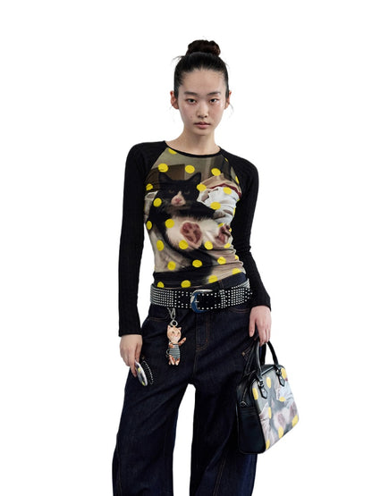 Cat Print Raglan Sleeve Color-Blocking T-Shirt