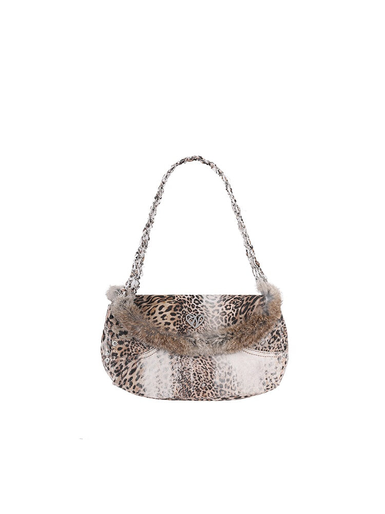 Leopard Print Rabbit Fur Dumpling Bag