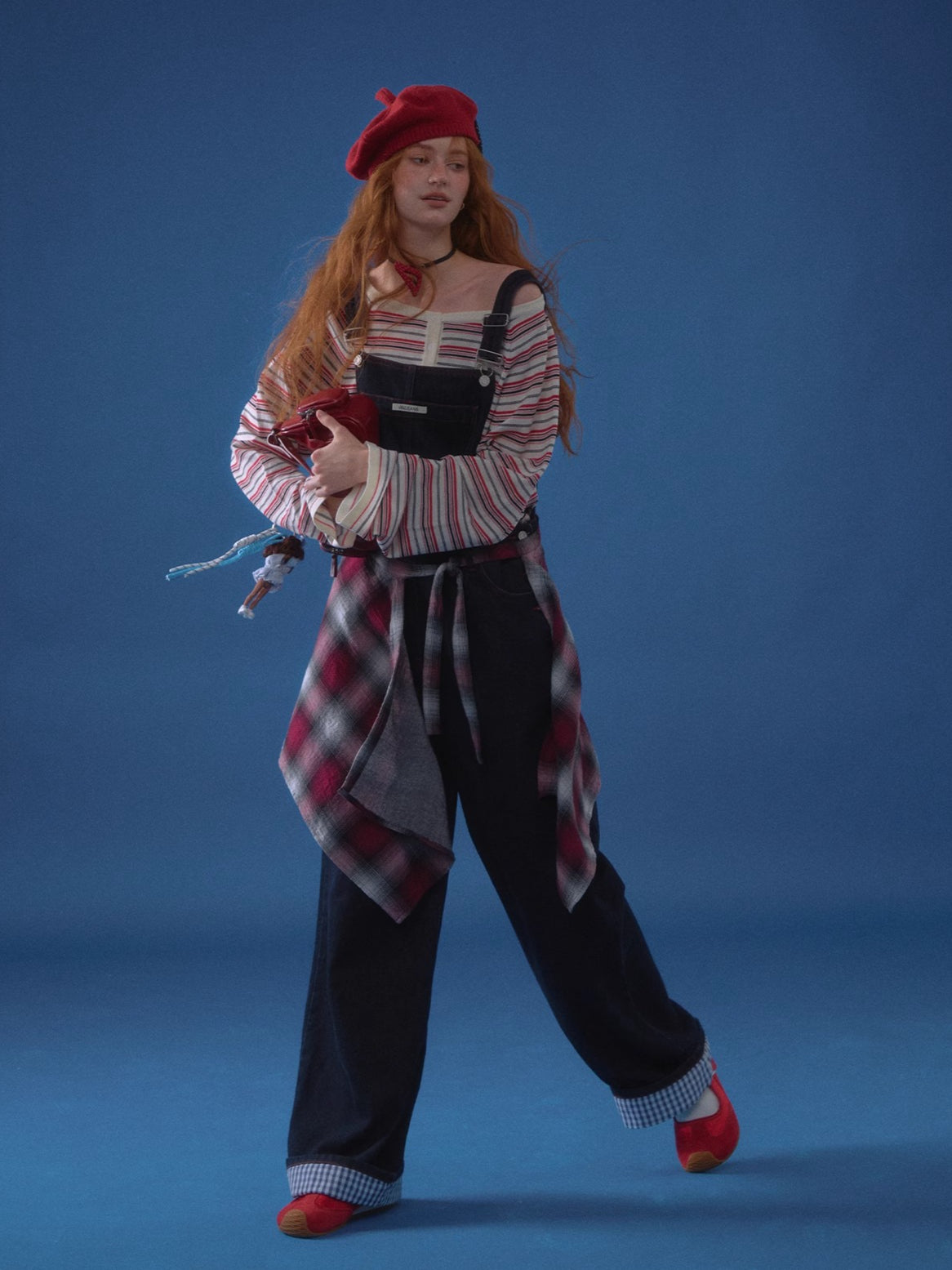 Raw Denim Wide-Leg Overalls with Red Stitching