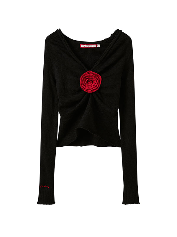 Rose Embellishment V-Neck Sweater