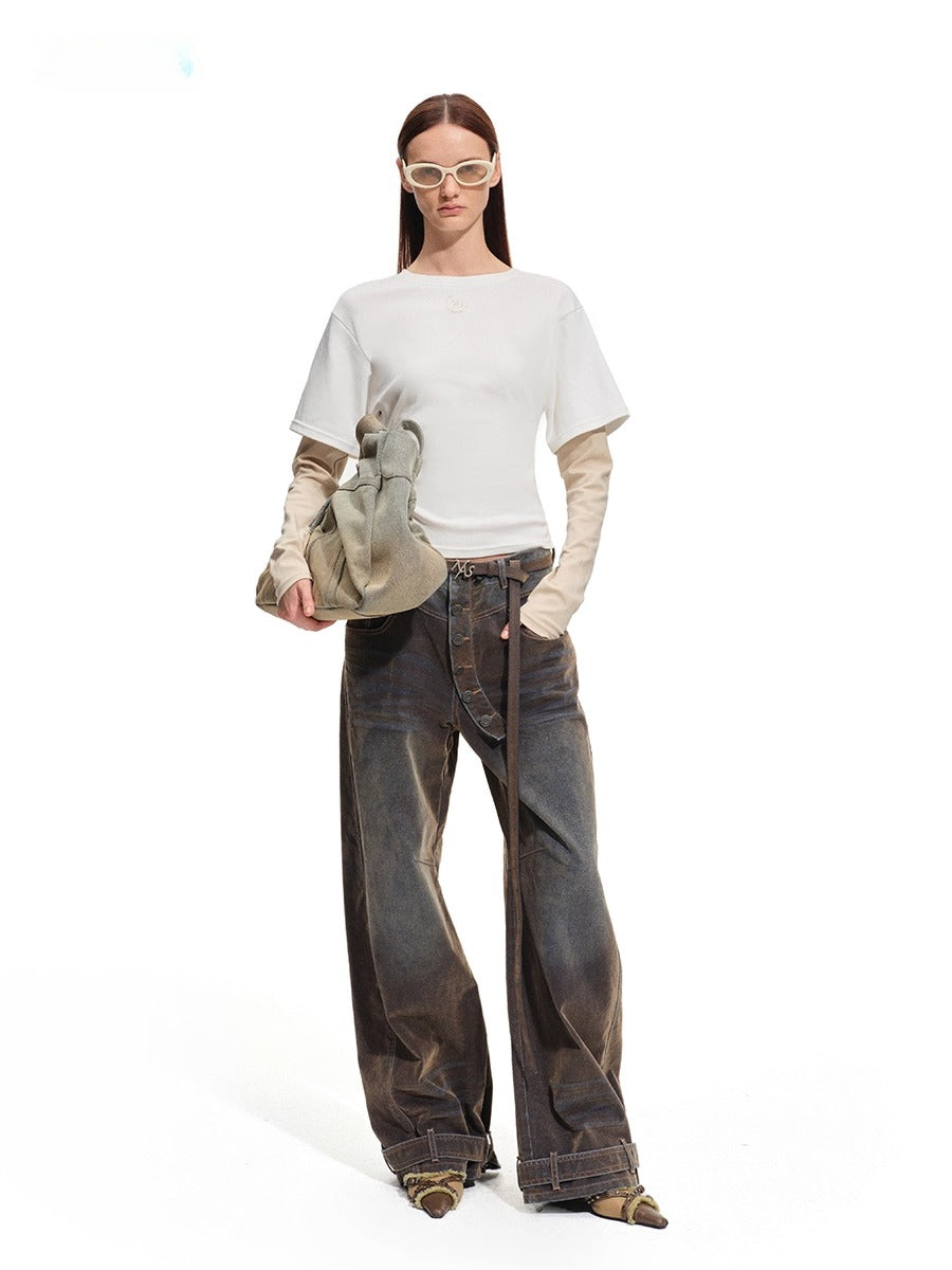 Terracotta Velvet-Washed Wide-Leg Jeans