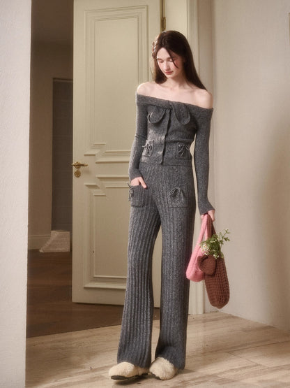 Velvet Bunny Wool Cloud Off-Shoulder Knit Cardigan &amp; Wide-Leg Pants Set