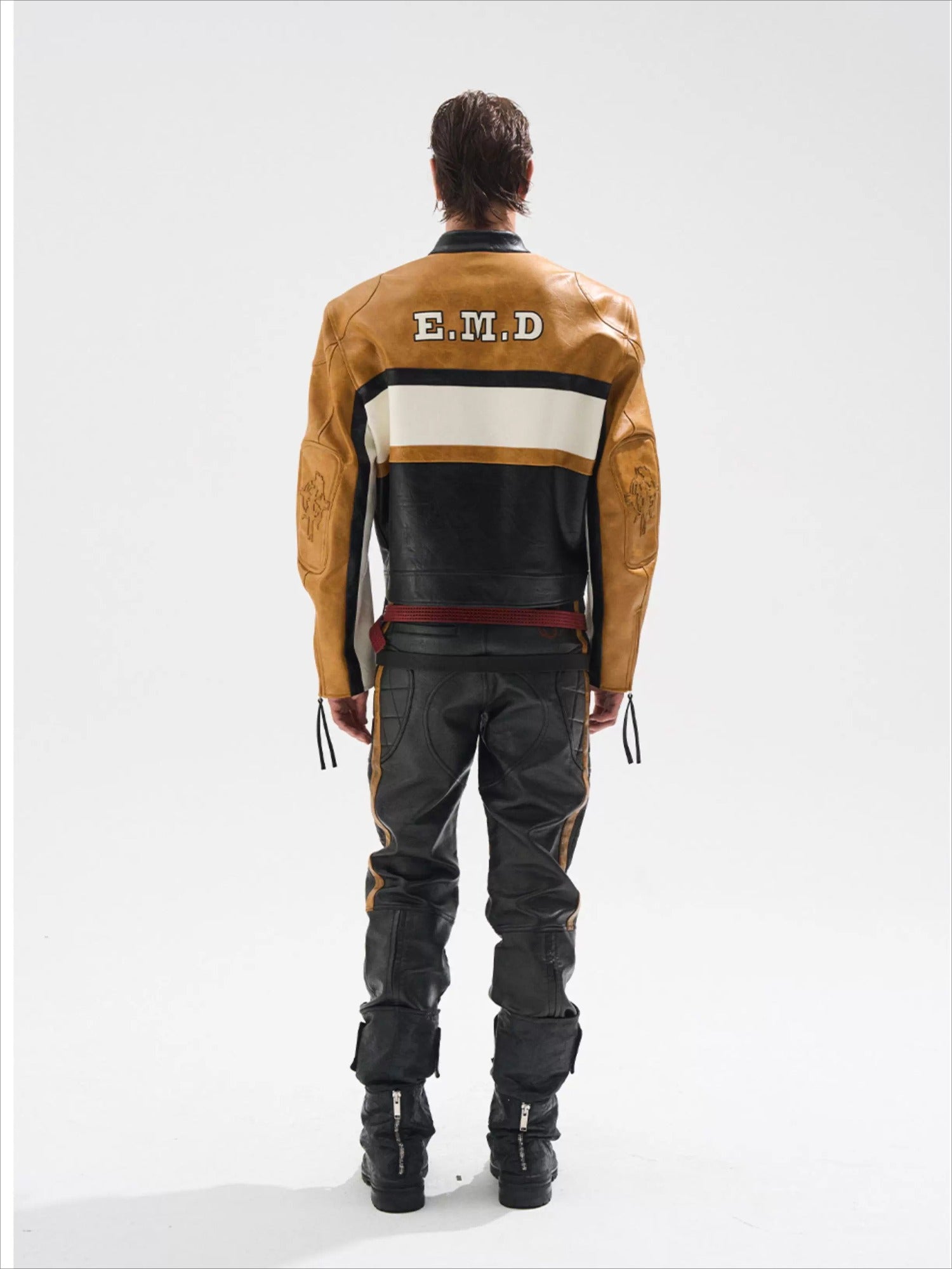 Color-Blocked Cropped Leather Sports Jacket