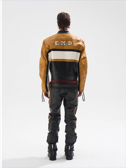 Color-Blocked Cropped Leather Sports Jacket
