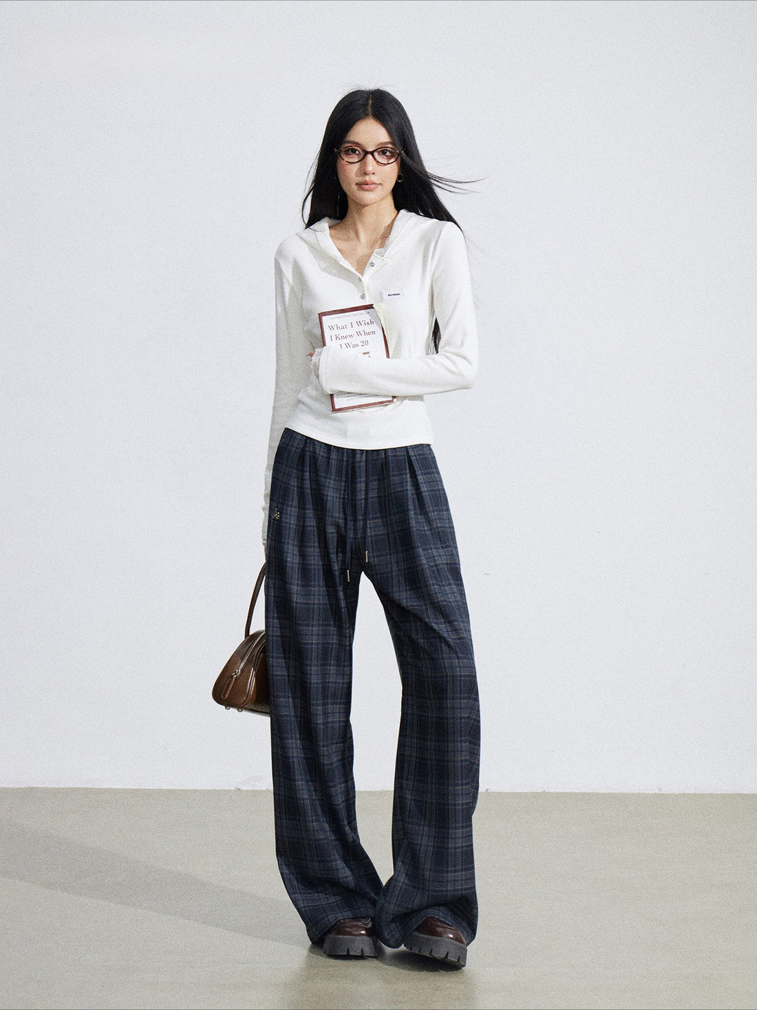 Elastic Waist Plaid Panel Wide-Leg Trousers