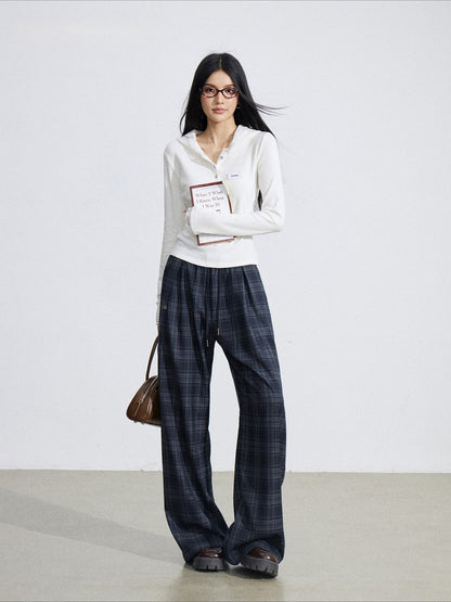 Elastic Waist Plaid Panel Wide-Leg Trousers