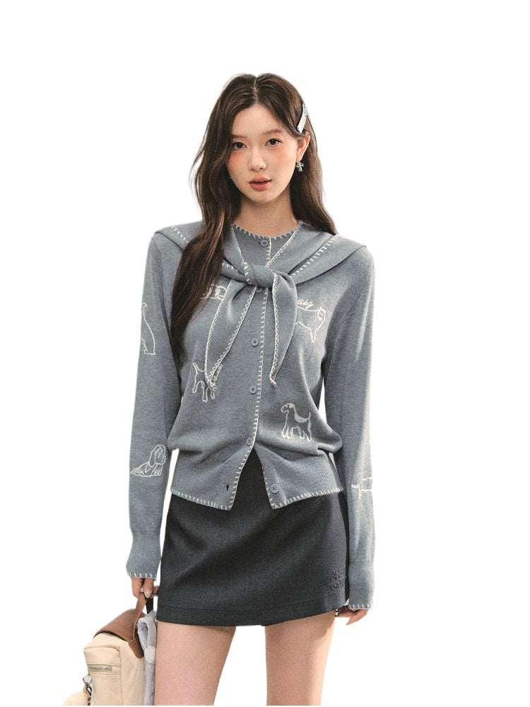 Puppy Embroidered Trim Hooded Knit Sweater - CHINASQUAD
