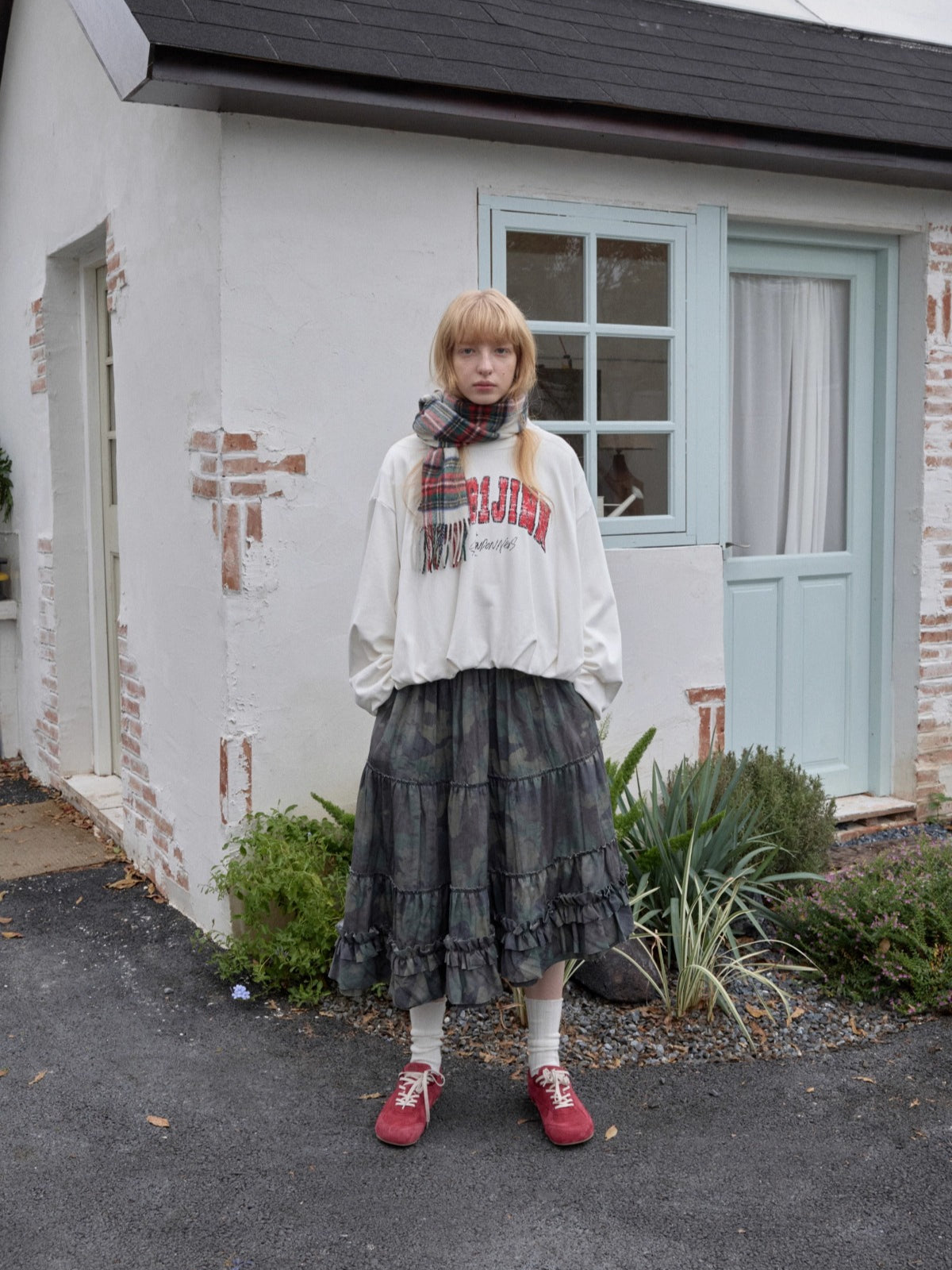 Camouflage Raw-Edge Ruched Layered Skirt