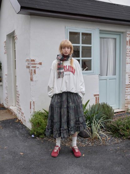 Camouflage Raw-Edge Ruched Layered Skirt