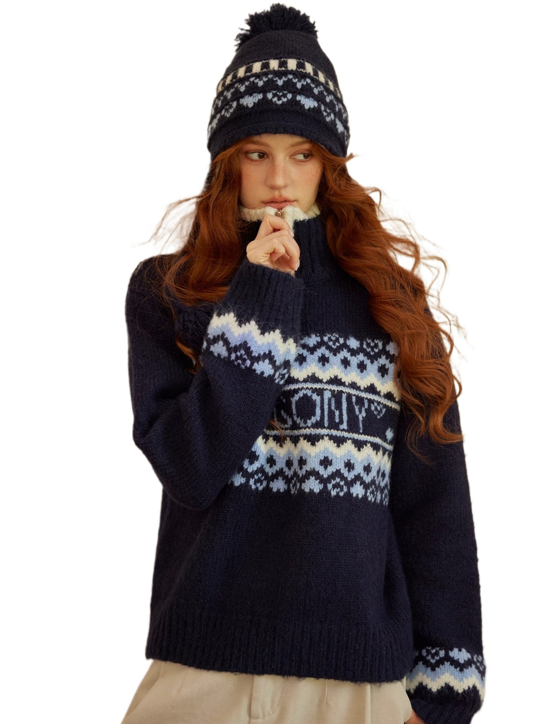 Fair Isle Heart Zip-Up Matching Hat Knit Sweater
