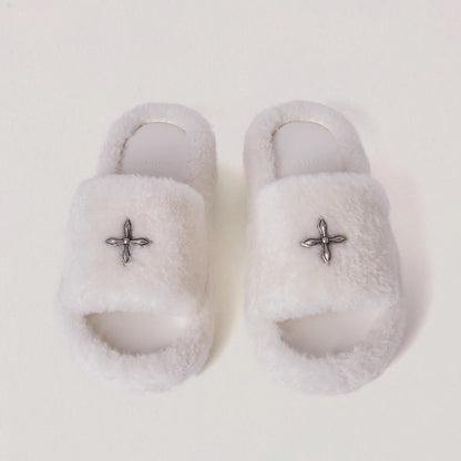 Cross Emblem Shearling Slide Sandals