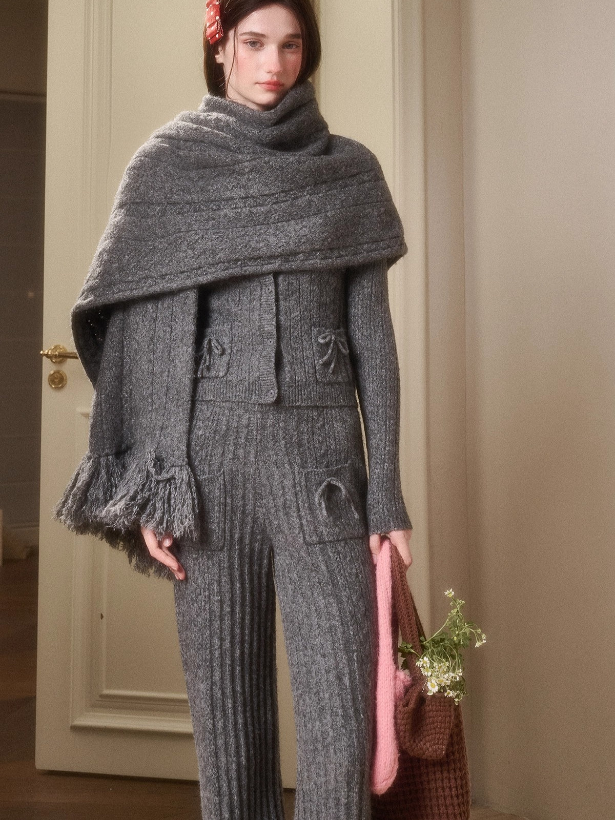 Velvet Bunny Wool Cloud Off-Shoulder Knit Cardigan &amp; Wide-Leg Pants Set
