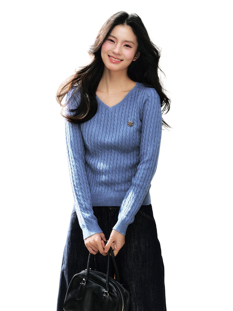 Blue V-Neck Sweater Waist-Cinching Slimming Base Top