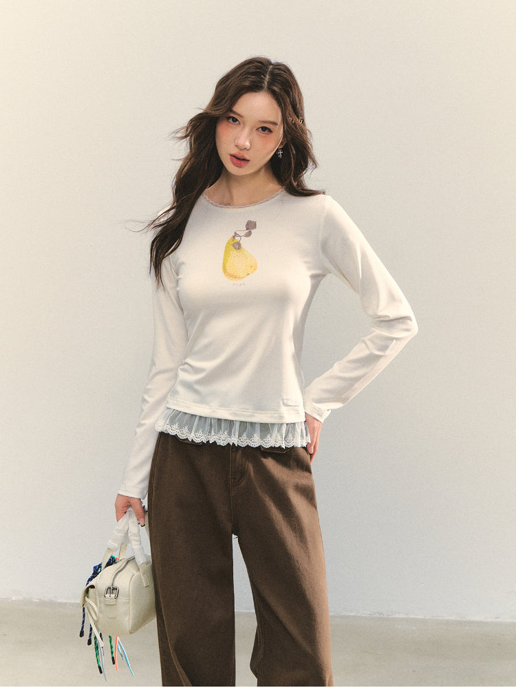 Fruit Print Lace-spliced T-Shirt - CHINASQUAD