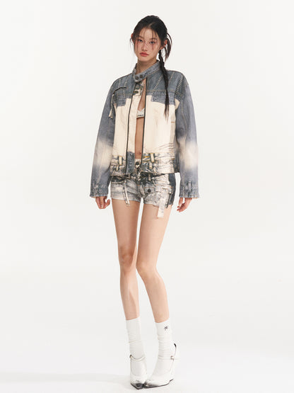 Washed Blue Full Print Denim Biker Jacket