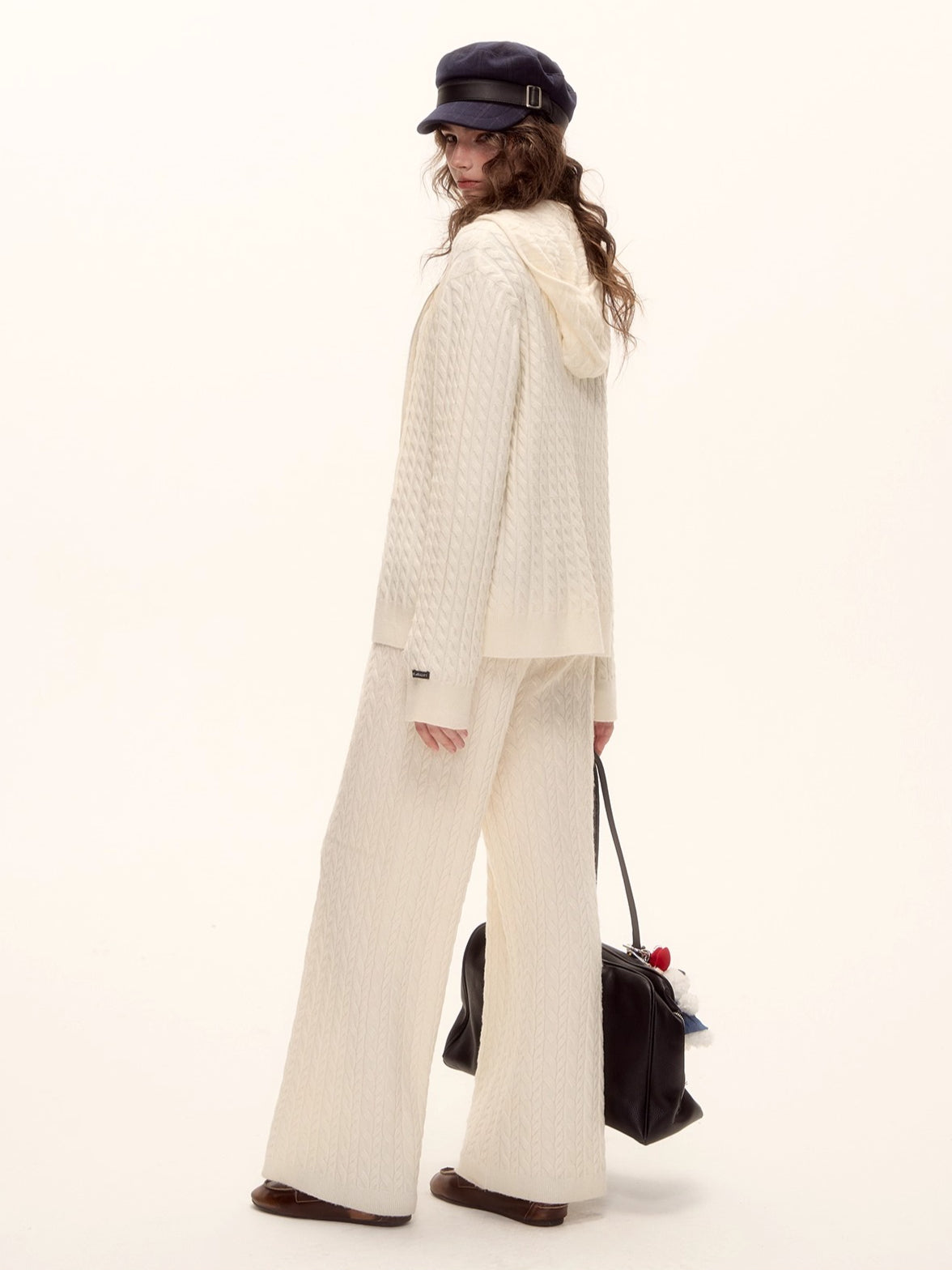 Wool Blend Cable Knit Zipped Hoodie &amp; Wide-Leg Pants Set