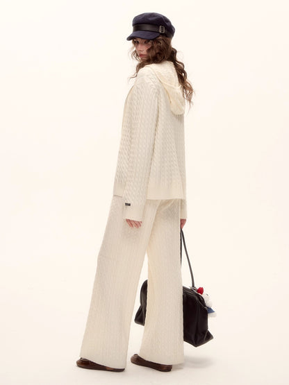 Wool Blend Cable Knit Zipped Hoodie &amp; Wide-Leg Pants Set
