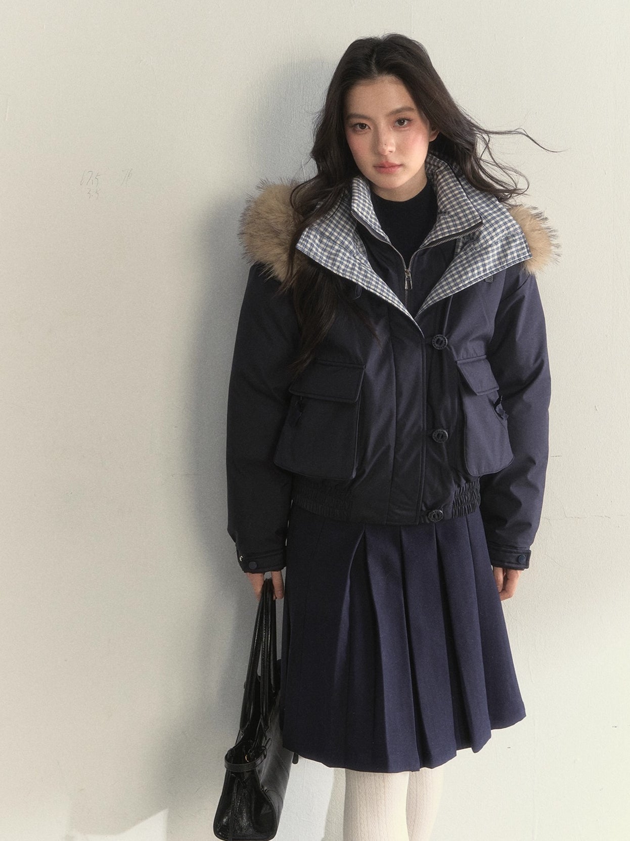 Glacier Blue &amp; Navy Plaid Panel Down Jacket