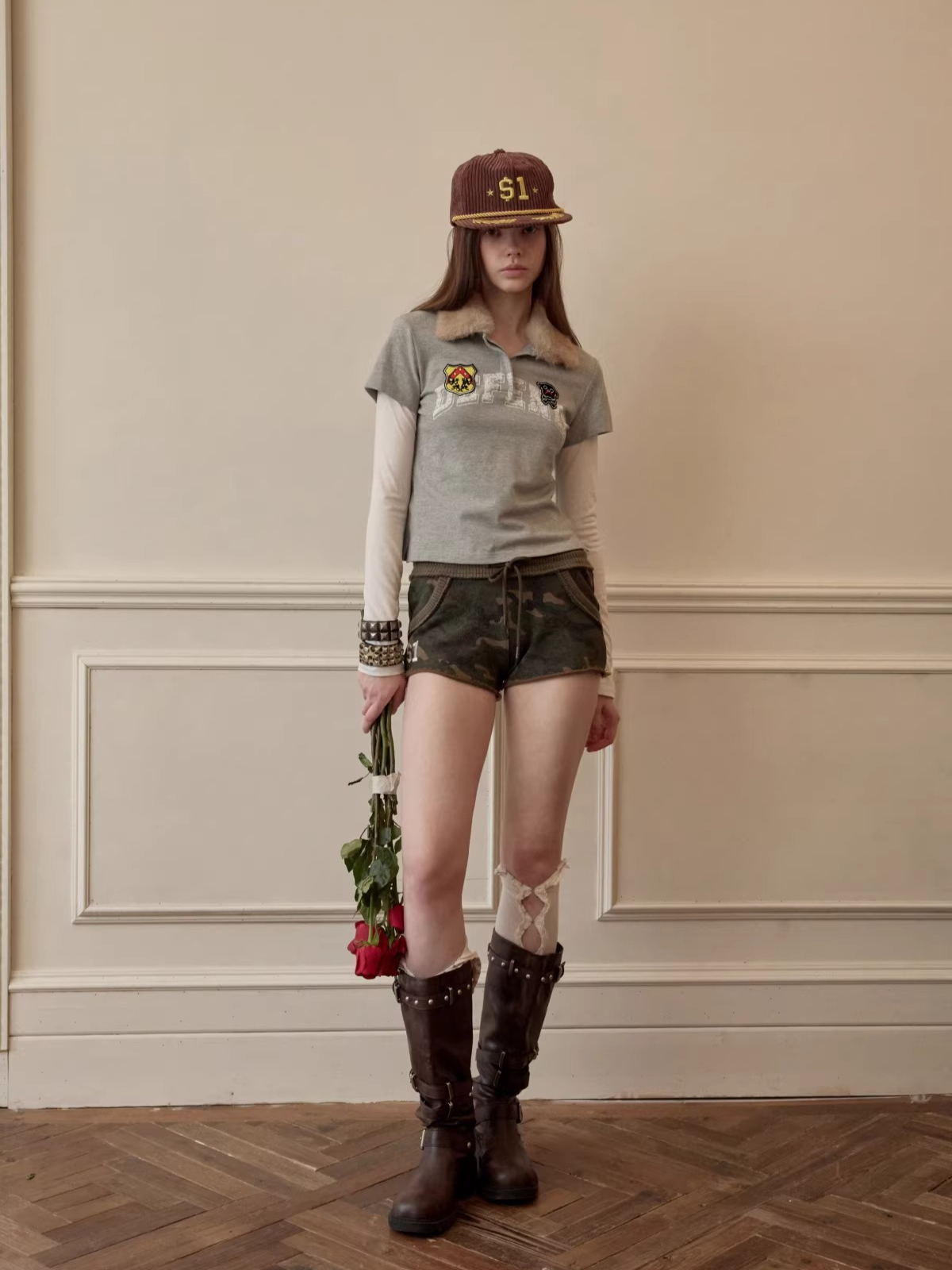 Layered Polo Long Sleeve Top with Faux Fur Collar