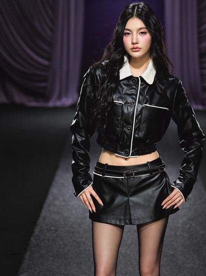 Contrast Trim Quilted Leather Jacket &amp; Skirt Set