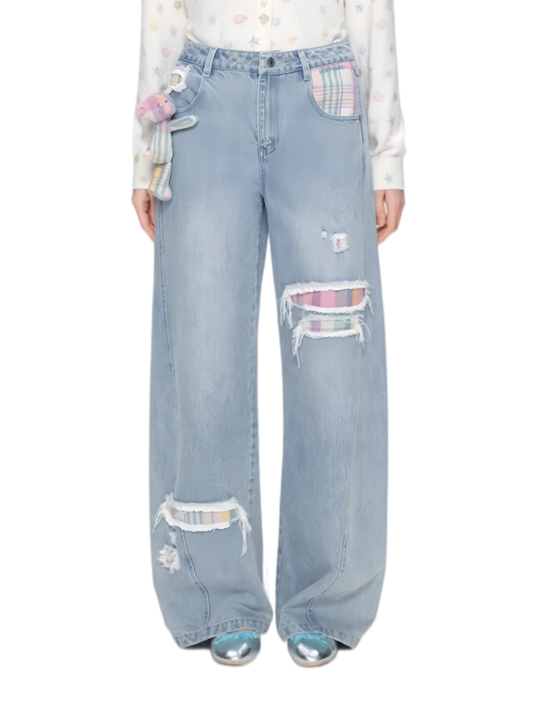 Irregular Plaid Ripped Jeans