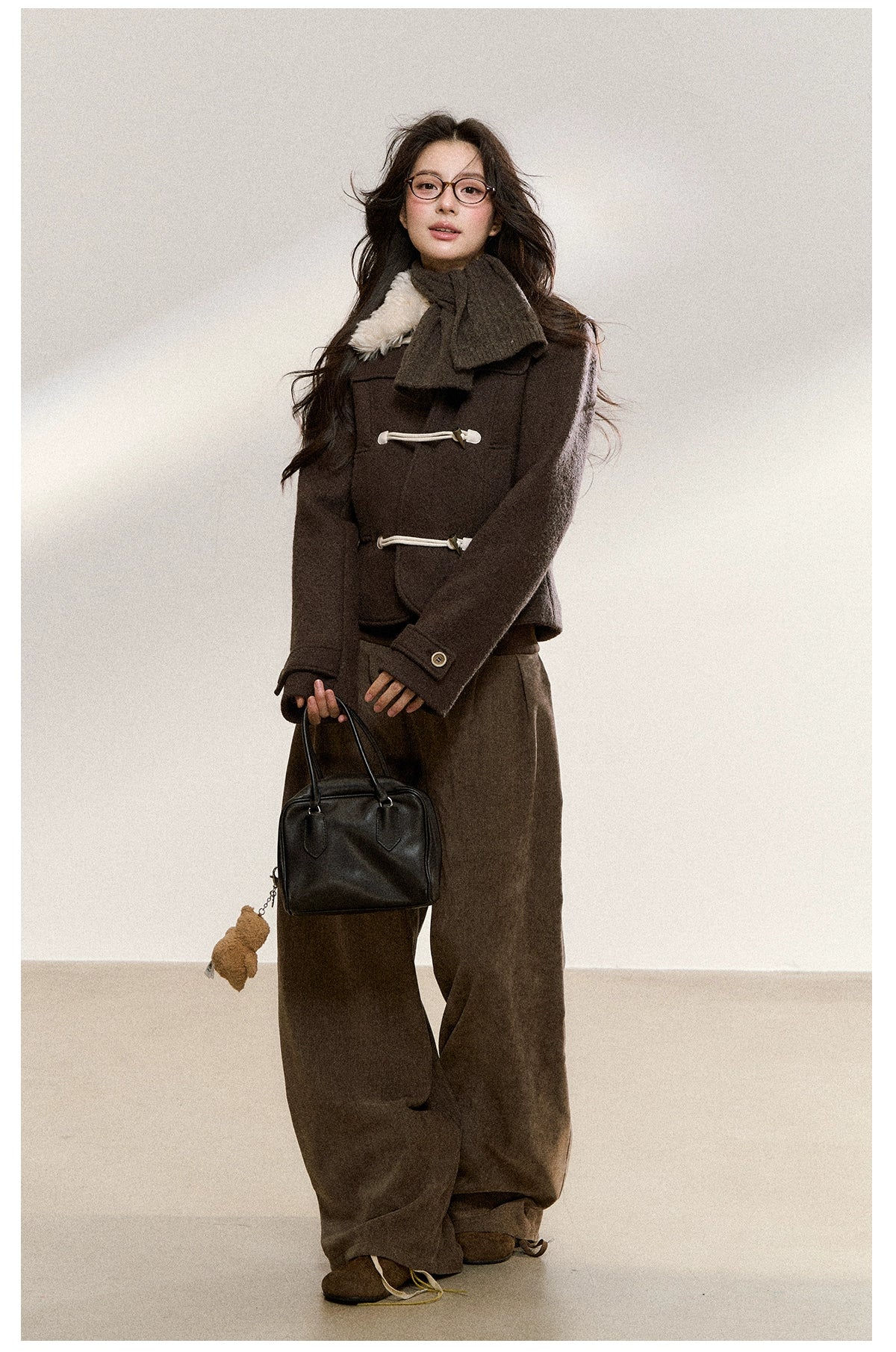 Brown Wool-Blend Toggle Cropped Jacket