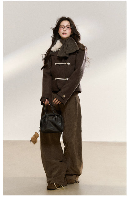 Brown Wool-Blend Toggle Cropped Jacket