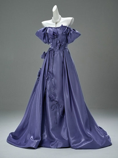 Elegant Purple Satin Floral Couture Gown