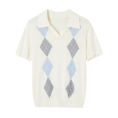 Diamond Panel Colorblock Polo Knit Top