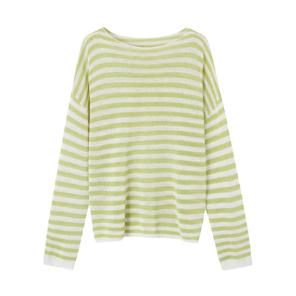 Washi Yarn Striped Off-Shoulder Long Sleeve Knit Top