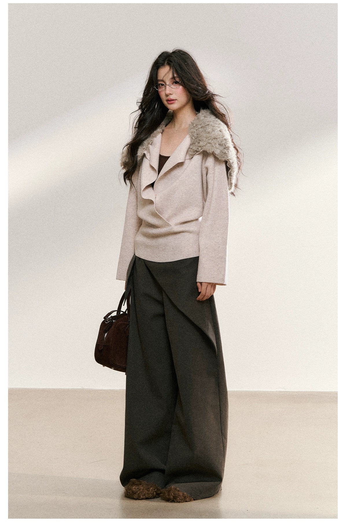 Faux Fur Collar Wrap Knit Cardigan