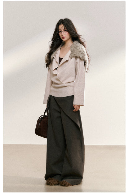 Faux Fur Collar Wrap Knit Cardigan