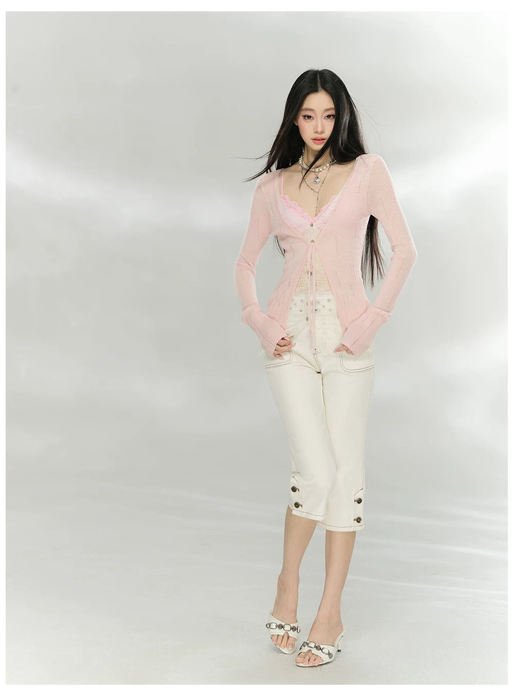 Sheer Layered Lace-Trim Knit Cardigan