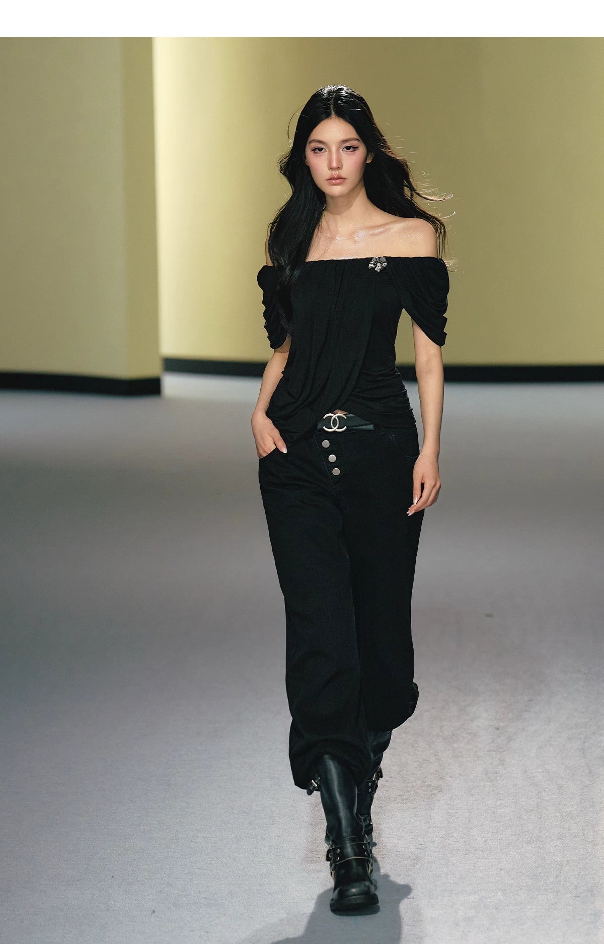 Off-Shoulder Draped Pleated Lyocell Top