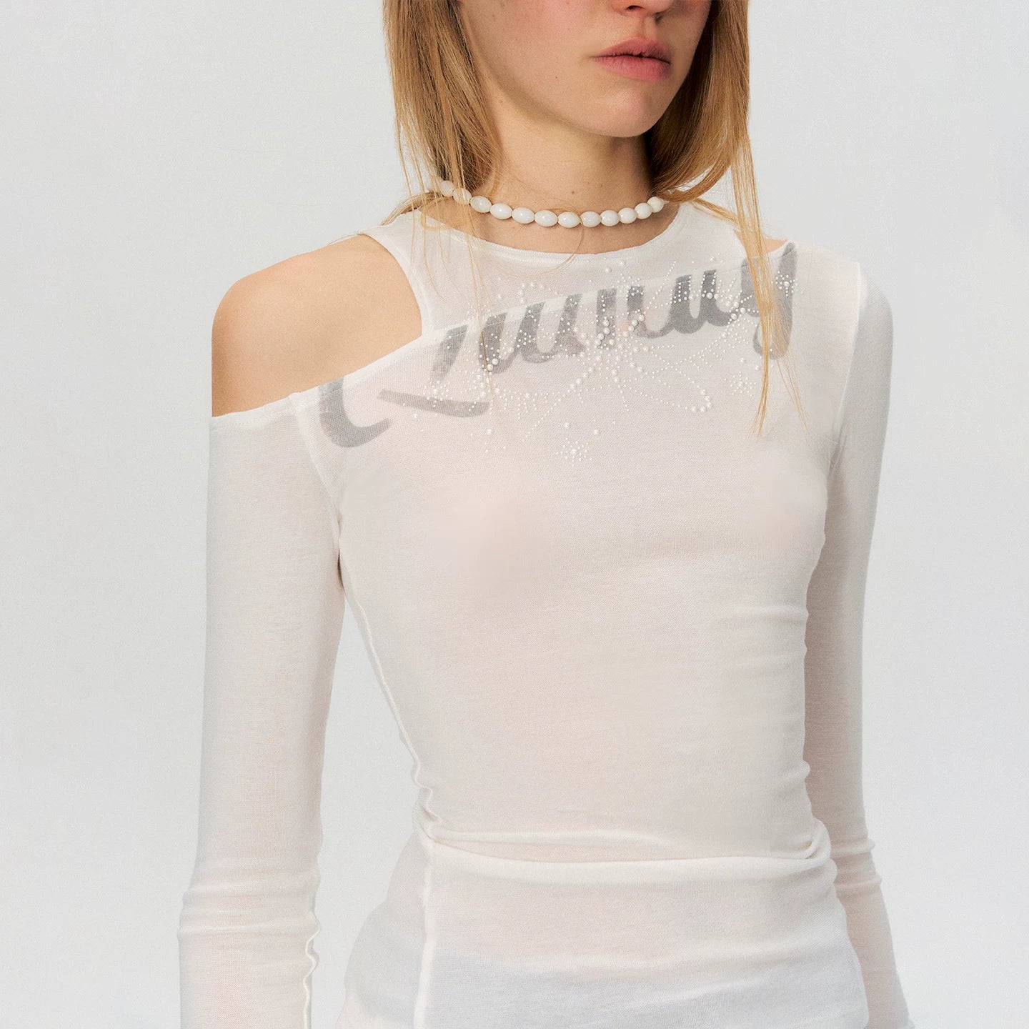 Asymmetric Rhinestone Graphic Cut-Out Slim Fit Top