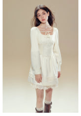 Beige Square Neck Lace Dress - CHINASQUAD