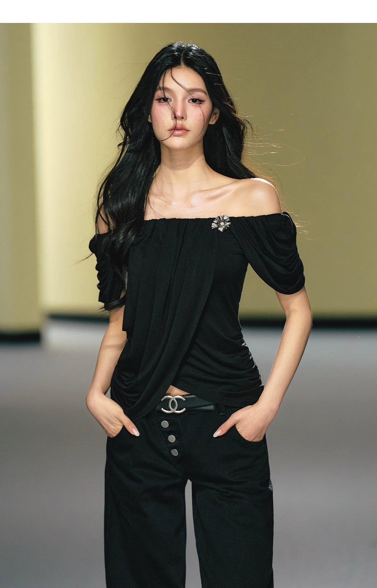 Off-Shoulder Draped Pleated Lyocell Top