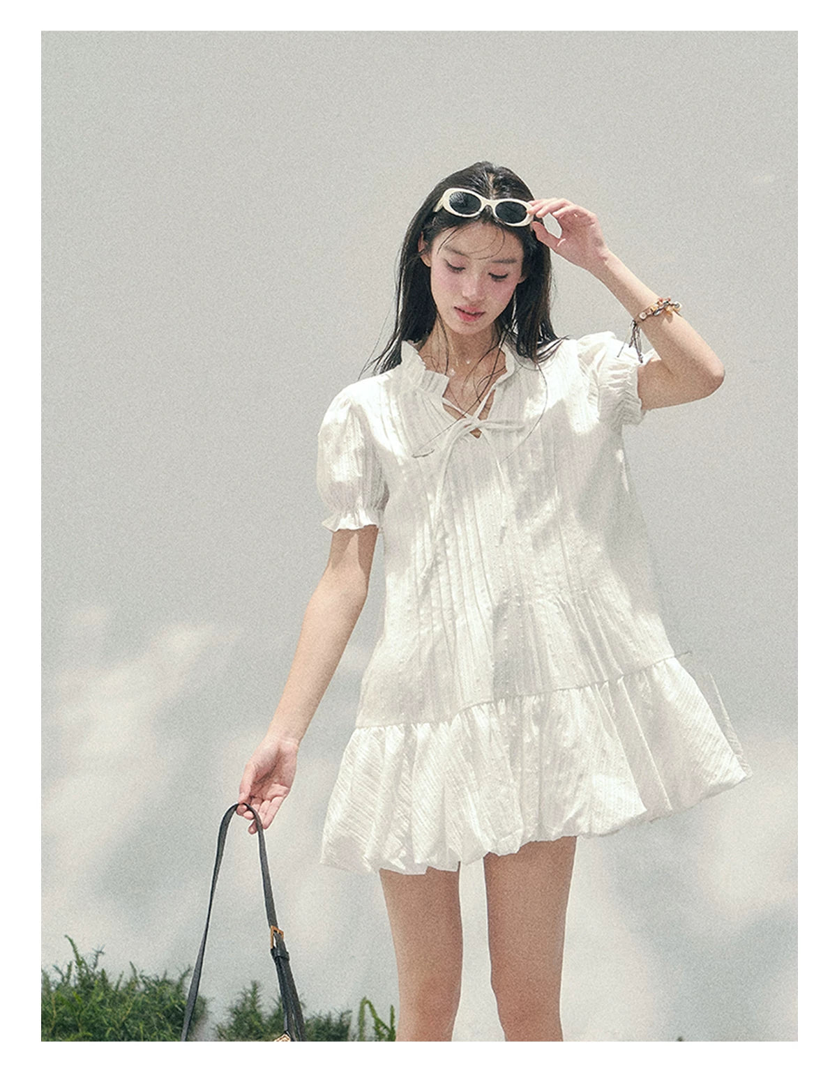French Plaid Puff Sleeve Mini Dress Blue / M