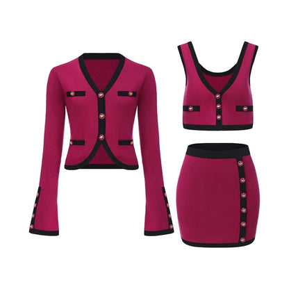 Vintage Contrast-Trim Knit Three-Piece Set