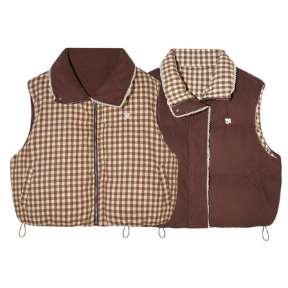Reversible Plaid Lace-Trim Padded Vest