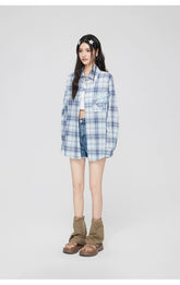 Blue Plaid Embroidered Sunscreen Shirt - CHINASQUAD