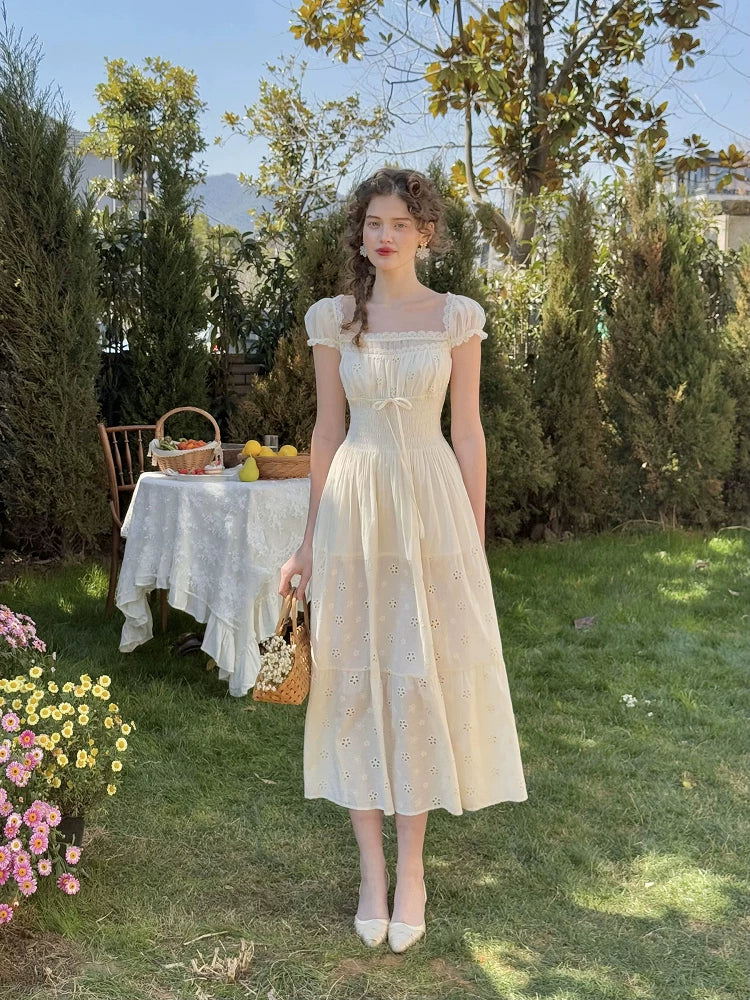 White Pastoral First-Love Cinched-Waist Dress